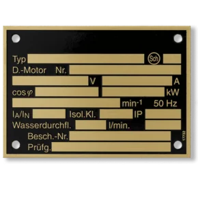Typenschild aus Messing, Grund vertieft geaetzt schwarz, Schrift und Felder erhaben blank